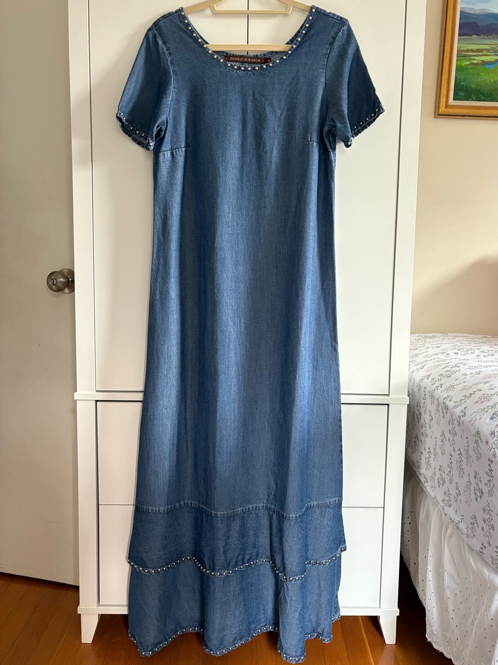 Vintage Double D Ranch Blue Denim Maxi Dress with Beaded Trim - XS